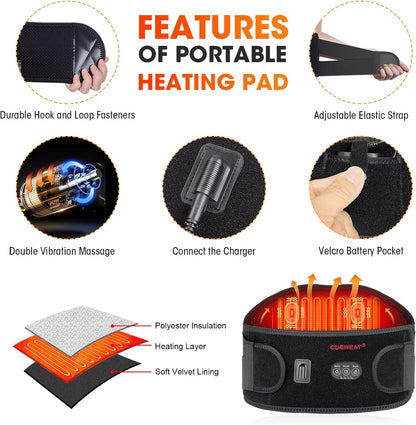 CUEHEAT Heated Waist Belt with Massage - Cordless Lower Back Heating Pad | 3 Heat Settings, 3 Vibration Modes, 7.AV Rechargeable Battery, Adjustable Fit for Wearable Lower Back Warmth