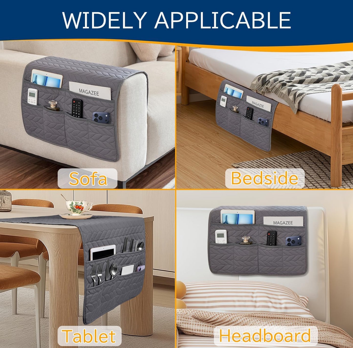 Remote Control Holder for Armchair, Couch Caddy Organizer TV Remote Holder for Recliner Couch With 6 Pockets, Non-Slip Arm Chair Caddy Bedside Table Organizer for Magazine, Tablet, Phone, iPad (Grey)