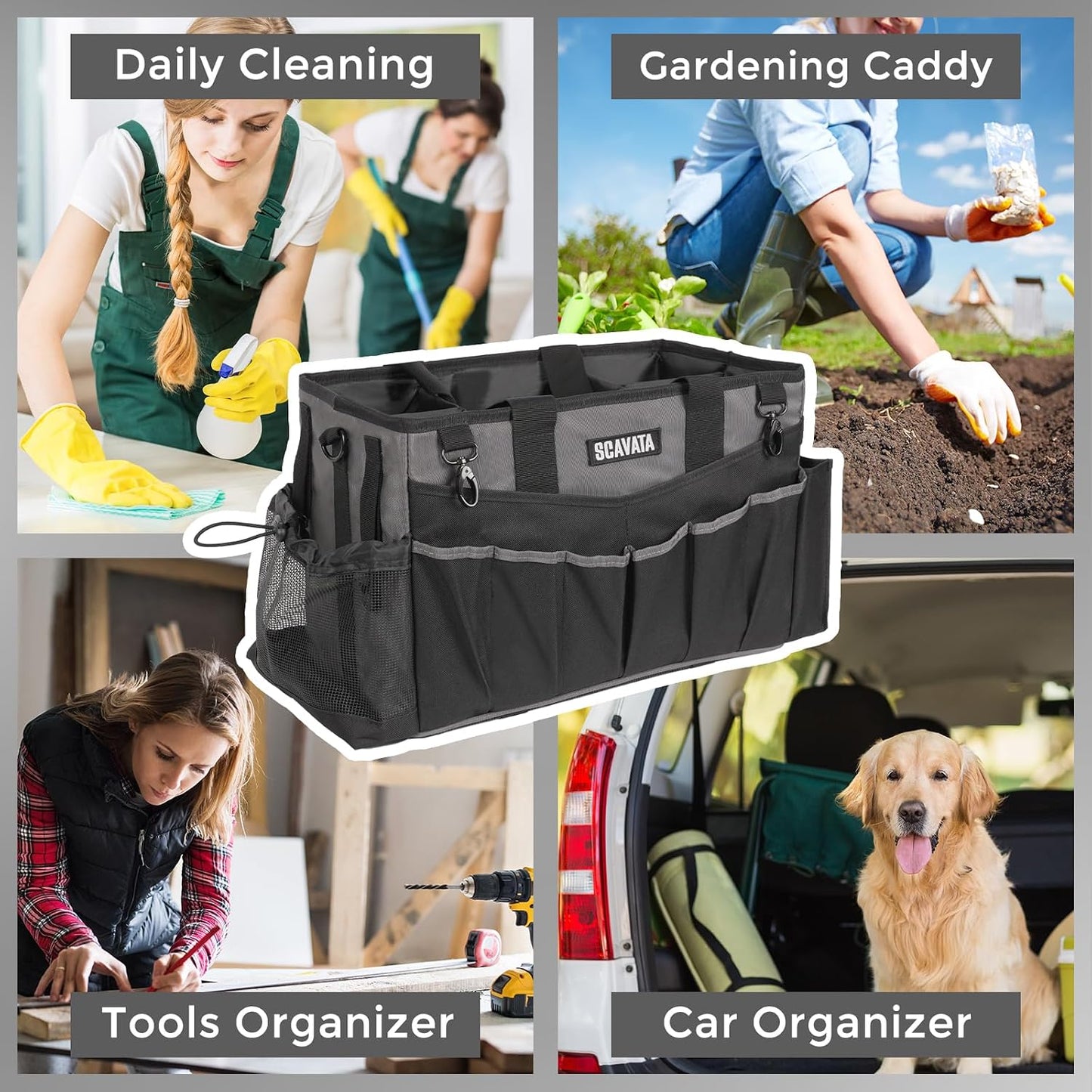 SCAVATA Wearable Cleaning Caddy Bag, Cleaning Caddy Supplies Organizer with Handle & Shoulder Straps for Housekeepers, Under Sink & Car Cleaning Tool Organizers with 4 Foldable Divider (Lake Blue)