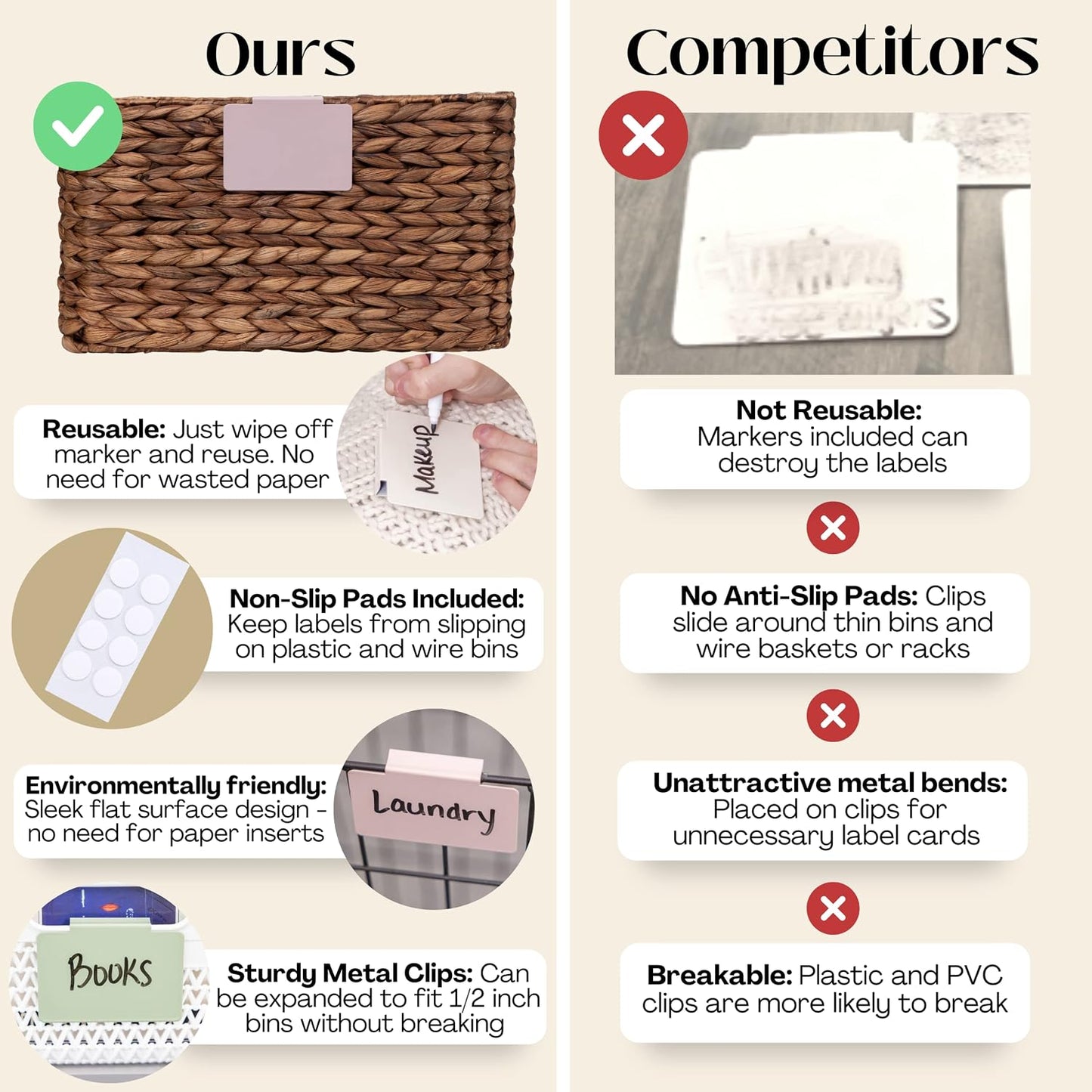 Hygge & Sage: Metal Non-Slip Basket Labels Clip On for Storage Bins, or Wire Racks | Includes 8 Labels, 8 Non-Slip Pads, and 1 Free Marker (Cream)