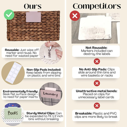 Hygge & Sage: Metal Non-Slip Basket Labels Clip On for Storage Bins, or Wire Racks | Includes 8 Labels, 8 Non-Slip Pads, and 1 Free Marker (Cream)