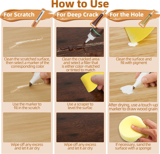 Wood Furniture Repair Kit- 12 Colors Wood Fillers and 8 Colors Furniture Touch Up Markers-Set of 28-Repair Hardwood/Laminate Scratches, Cracks, Holes for Door, Floor, Table, Cabinet