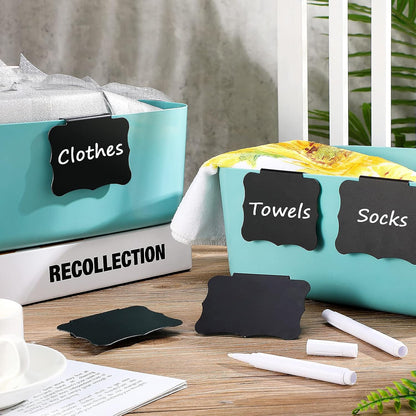 Plastic Basket Bin Label Clip on Removable Basket Label Kitchen Pantry Basket Label Clip with White Chalk Markers Kitchen Clip Label Holders for Storage Bin Clip Basket Box Hanging Label (18 Pieces)