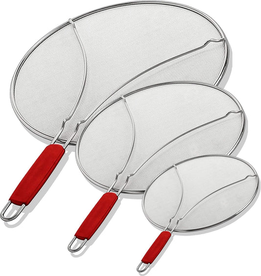 Alpha Living 60134ST Set of 3 Splatter Screens – 13", 11.5", and 9.5" Stainless Steel Fine Mesh, Comfort Grip Handles – Grease & Oil Guard for Frying Pans, Boiling Pots, Safe Cooking Lid Set of 3