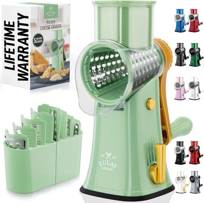 Zulay Kitchen Rotary Cheese Grater 5 Blade Cheese Shredder - Manual Hand Crank Cheese Grater With Reinforced Suction & 5 Interchangeable Drums - Easy to Use, Vegetable Chopper Round Mandoline Slicer - Colors B