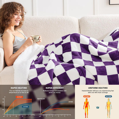Heated Blanket Electric Throw 50X60 Heating Blanket with 10 Heating Levels 8 Hours Auto Off, Blue Plaid Sherpa Blankets Winter Warmer, Home Decor for Couch Bed Office,Gifts for Mom, Women,Washable