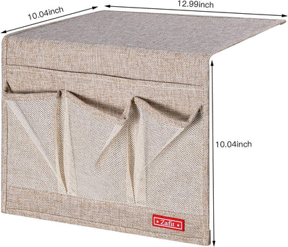 Zafit Linen 4 Pockets Bedside Caddy, Bedside Storage Organizer for Magazine, Remotes, Phone (Beige, Classic 4 Pockets)