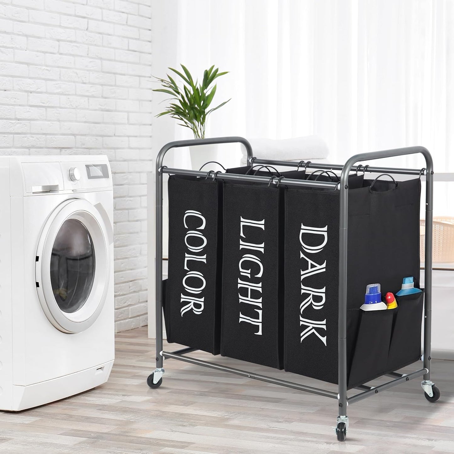 STORAGE MANIAC 3 Section Laundry Sorter, 35.6 Gal (135 L) Laundry Hamper Cart with Heavy Duty Rolling Lockable Wheels and Removable Bags, Clothes Organizer Basket Separator Hamper, Gray