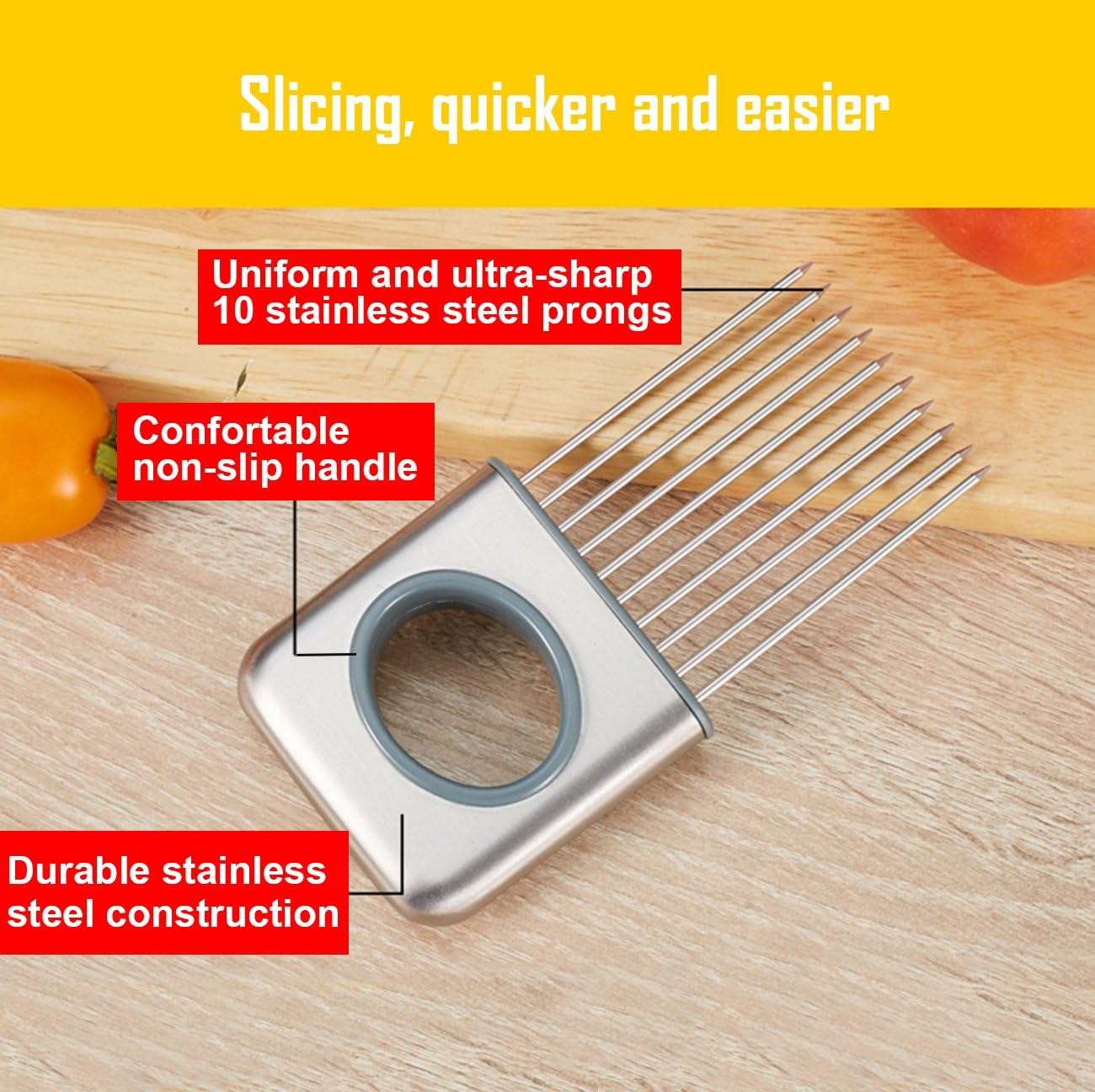 Best Utensils Onion Holder Slicer Vegetable Tools Stainless Steel Easy Onion Holder Slicing Guide Vegetable Tomato Lemon Meat Holder Slicer Tools Cutter, Cutting Kitchen Gadget, Silver