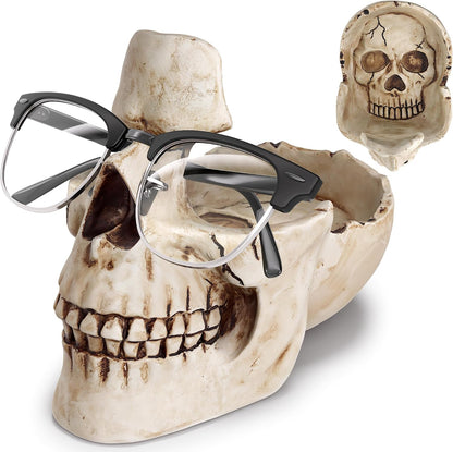 READAEER Skull Glasses Stand Holder, Creative Eyeglasses Holder, Sunglasses Spectacle Display Rack, Key Holder Resin Sculptures for Entryway, Home, Office, Desk, Nightstand (White)