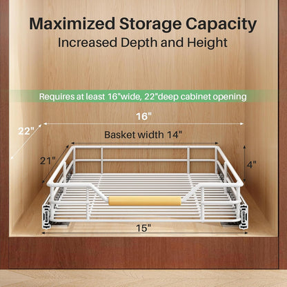 Pull out Cabinet Organizer, 15"W X 21"D, Heavy Duty Smooth Sliding Under Cabinet Shelves for Pots and Pans, Full-Extension Roll out Drawers, Slide out Organization for Home Kitchen Pantry