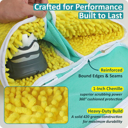Shoe Washing Machine Bag for Sneaker Cleaning Laundry Shoe Bag, Yellow | Dual Compartment, Full Protection, Clasp-Lock Zipper, Dense Chenille, Bound Edge & Seams