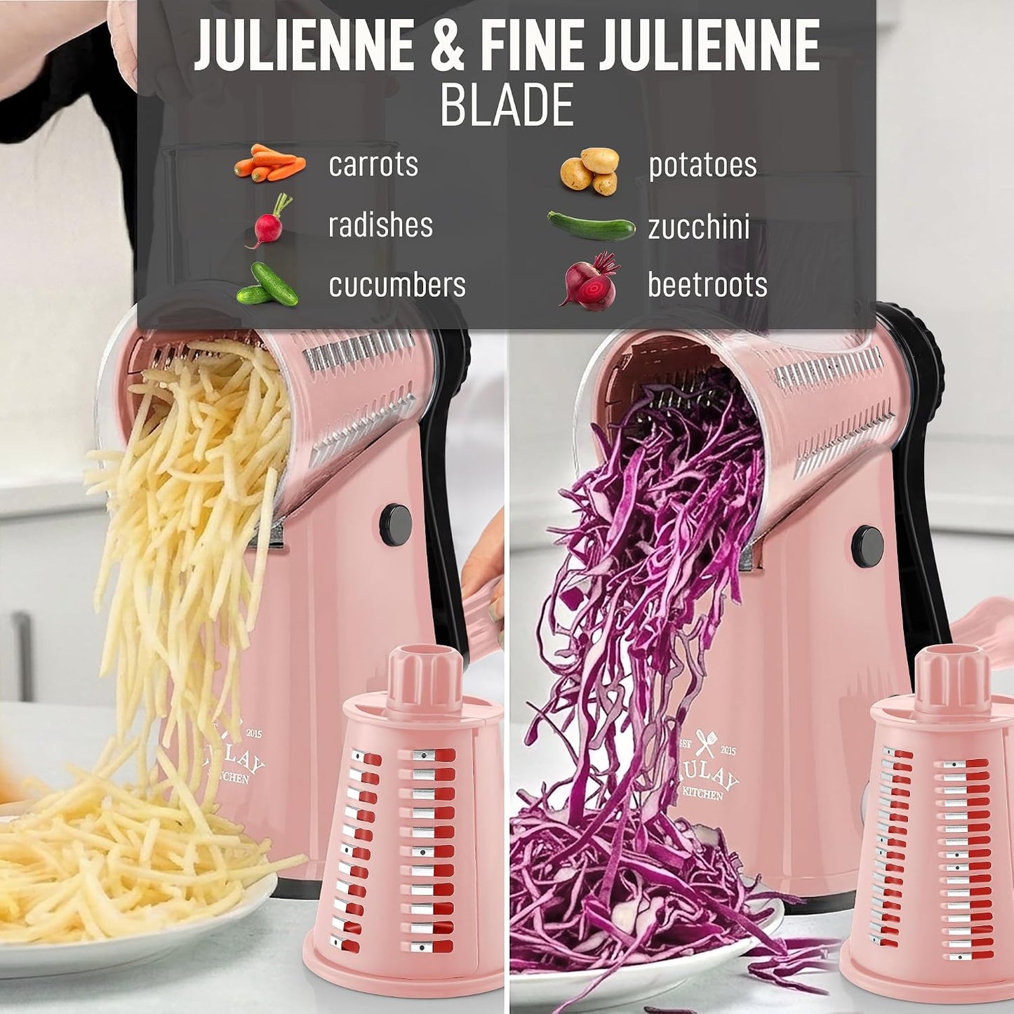Zulay Kitchen Rotary Cheese Grater 5 Blade Cheese Shredder - Manual Hand Crank Cheese Grater With Reinforced Suction & 5 Interchangeable Drums - Easy to Use, Vegetable Chopper Round Mandoline Slicer - Colors A