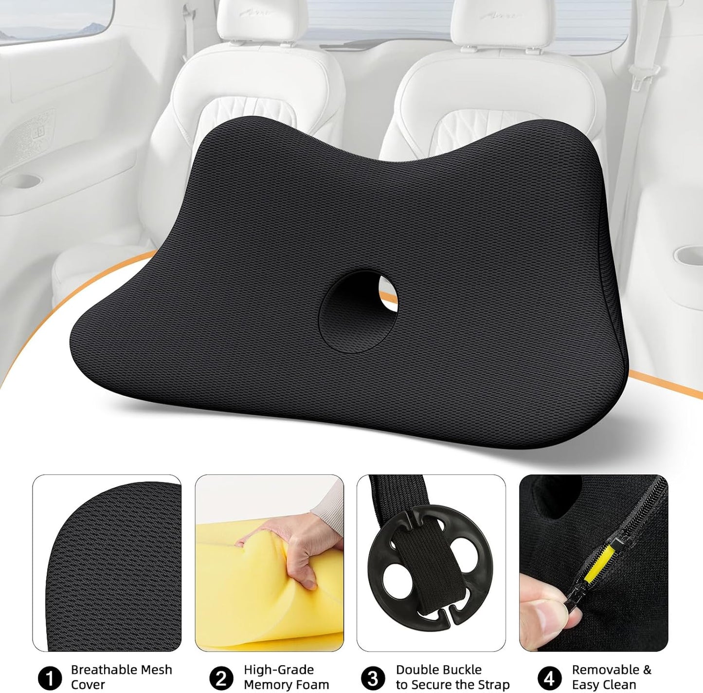 Benazcap Large Memory Foam Seat Cushion Lumbar Support Pillow for Sciatica & Tailbone Pressure Relief Coccyx Pad for Office Chair, Wheelchair, Car, Home, Office