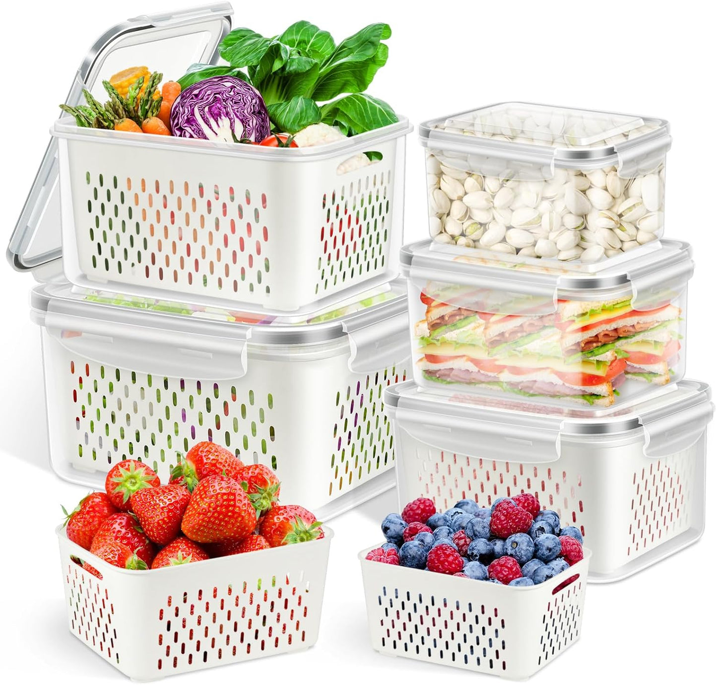TBMax Fruit Storage Containers for Fridge Organizers and Storage, 4 Pack Large Produce Saver with Airtight Lid & Colander for Berry Lettuce Salad Vegetable Storage, Refrigerator Organizers