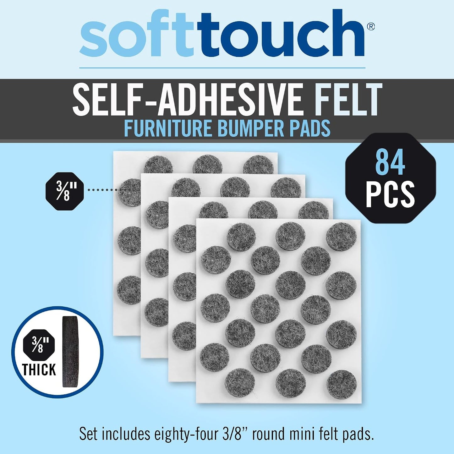 SoftTouch 3/8" Round Mini Self-Stick Furniture Slider Felt Pads for Hard Surfaces, Noise-Reducing Adhesive Furniture Moving Pads for Beds, Sofas, Dressers, 84-Count, Brown