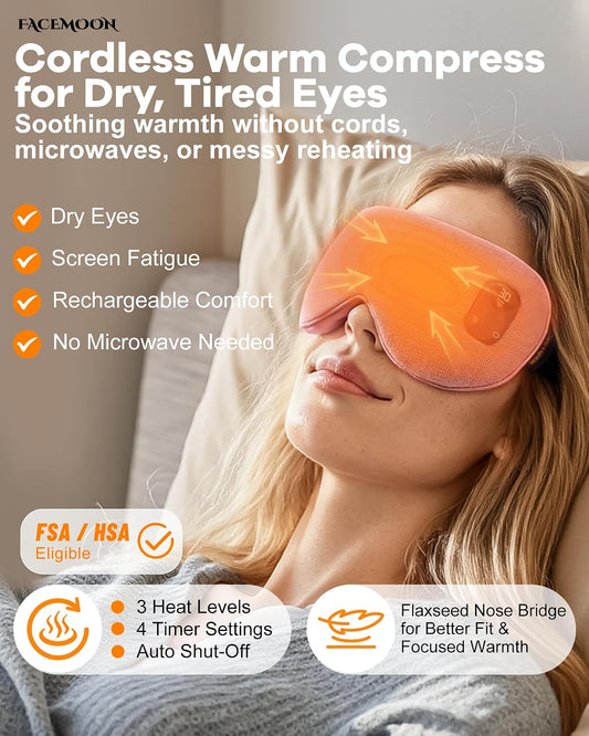 Cordless Heated Eye Mask for Dry, Tired Eyes, Hot Compress with Flaxseed Nose Bridge for Better Blackout & Focused Warmth, Rechargeable Warm 3 Heat Levels, 4 Timers, No Microwave Needed, Pink