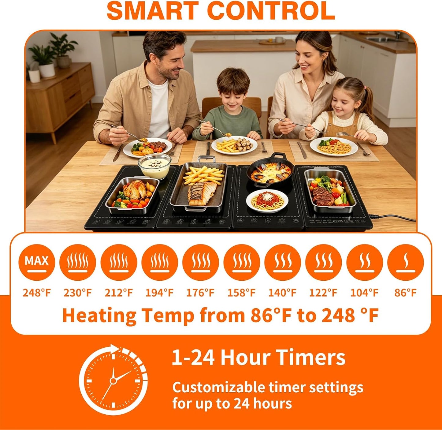 Electric Warming Tray 5-in-1 Food Warmers for Parties Buffet with 10 Temp & 24H Timer,41" x 15" Glass Warming Mat for Food Modular Warmers for Food Trays Buffet, for Family Women