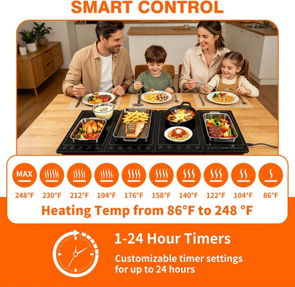Electric Warming Tray 5-in-1 Food Warmers for Parties Buffet with 10 Temp & 24H Timer,41" x 15" Glass Warming Mat for Food Modular Warmers for Food Trays Buffet, for Family Women