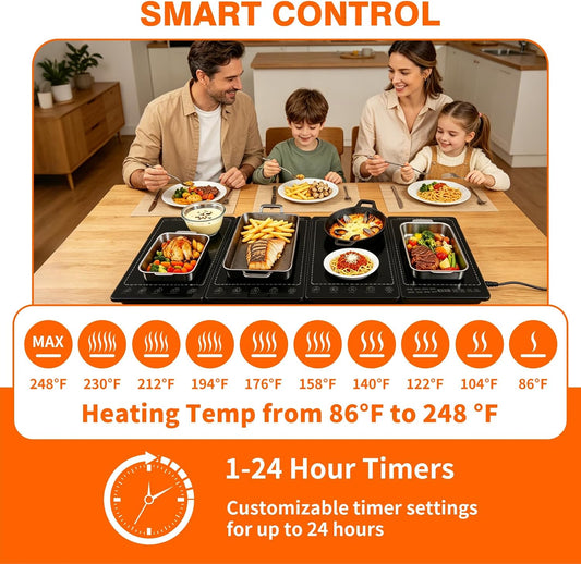 Electric Warming Tray 5-in-1 Food Warmers for Parties Buffet with 10 Temp & 24H Timer,41" x 15" Glass Warming Mat for Food Modular Warmers for Food Trays Buffet, for Family Women