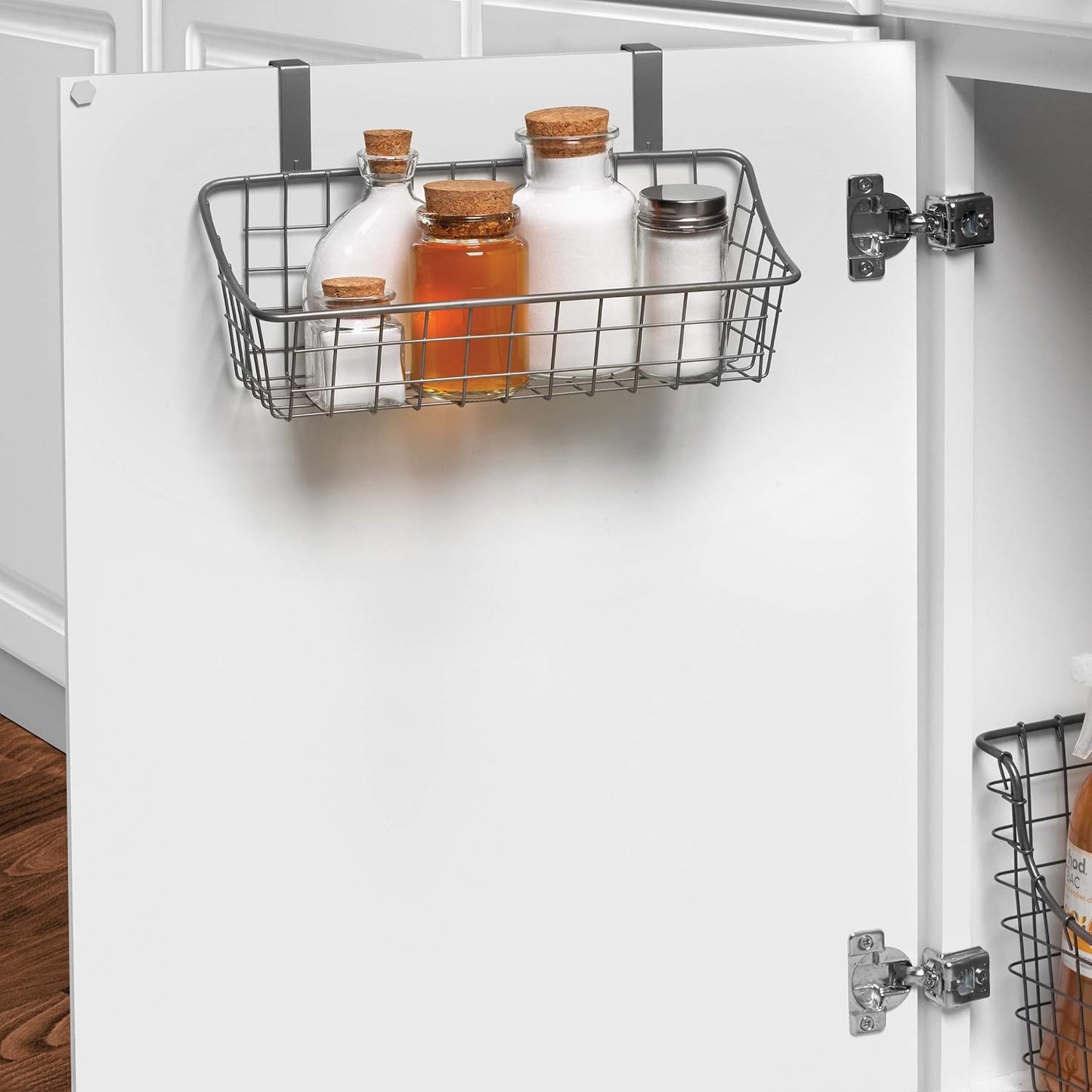 Spectrum Hanging Baskets for Organizing (Large, Satin Nickel) - Grid Over the Cabinet Wire Basket for Kitchen or Bathroom - Door Hanging Storage Organizer for Cleaning Supplies, Washcloths, & Towels