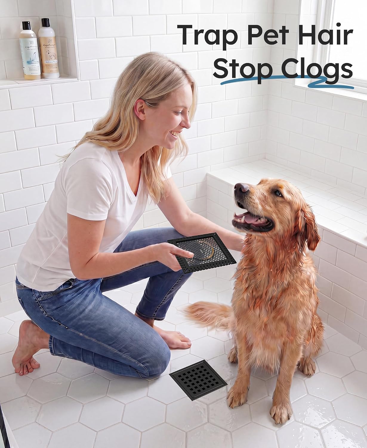 Square Shower Drain Hair Catcher, Anti-Clogging, Gray, 4 inch | Fast Drainage, Anti-Slip & Stays in Place, Stainless Steel & TPE Material, Easy Clean Fits Bathroom Hair Catcher for Shower