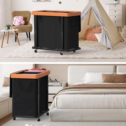 Laundry Hamper with Wheels,150L Leather Patchwork Clothes Hamper Black | Rolling Laundry Basket with Sturdy Metal Frame, Removable Washable Bag,Tall Clothes Sorter for Bedroom, Laundry Room, Dorm