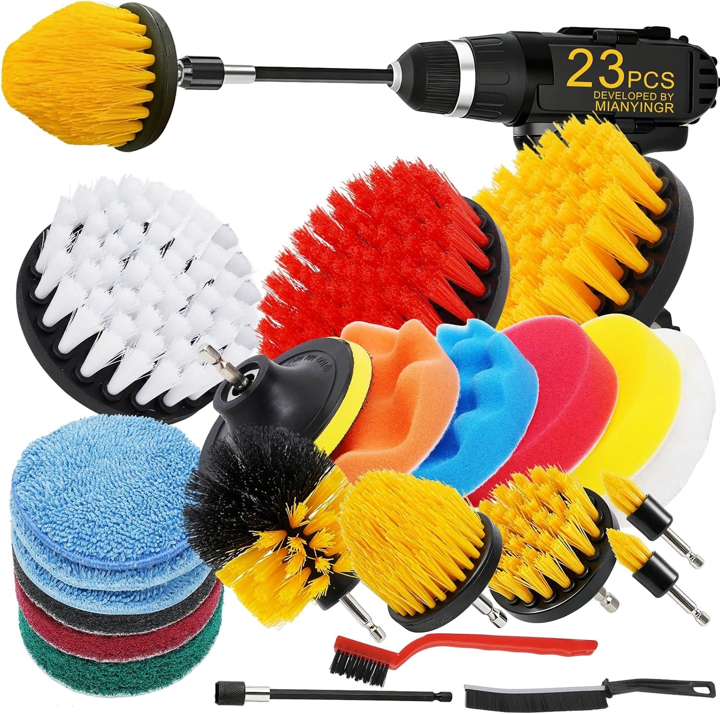 6Pcs Drill Brush Cleaning Kit with Extendable Rod, Yellow | Power Scrubber Attachments, For Shower, Tub, Tile, Grout, For Kitchen and Car
