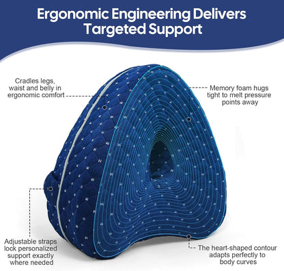 Alignment Pillow for Side Sleepers, Spine Alignment Pillow, Smooth Spine & Knee Pillow for Side Sleepers, Memory Foam Leg Pillow with Strap for Hip, Spine, and Knee Alignment