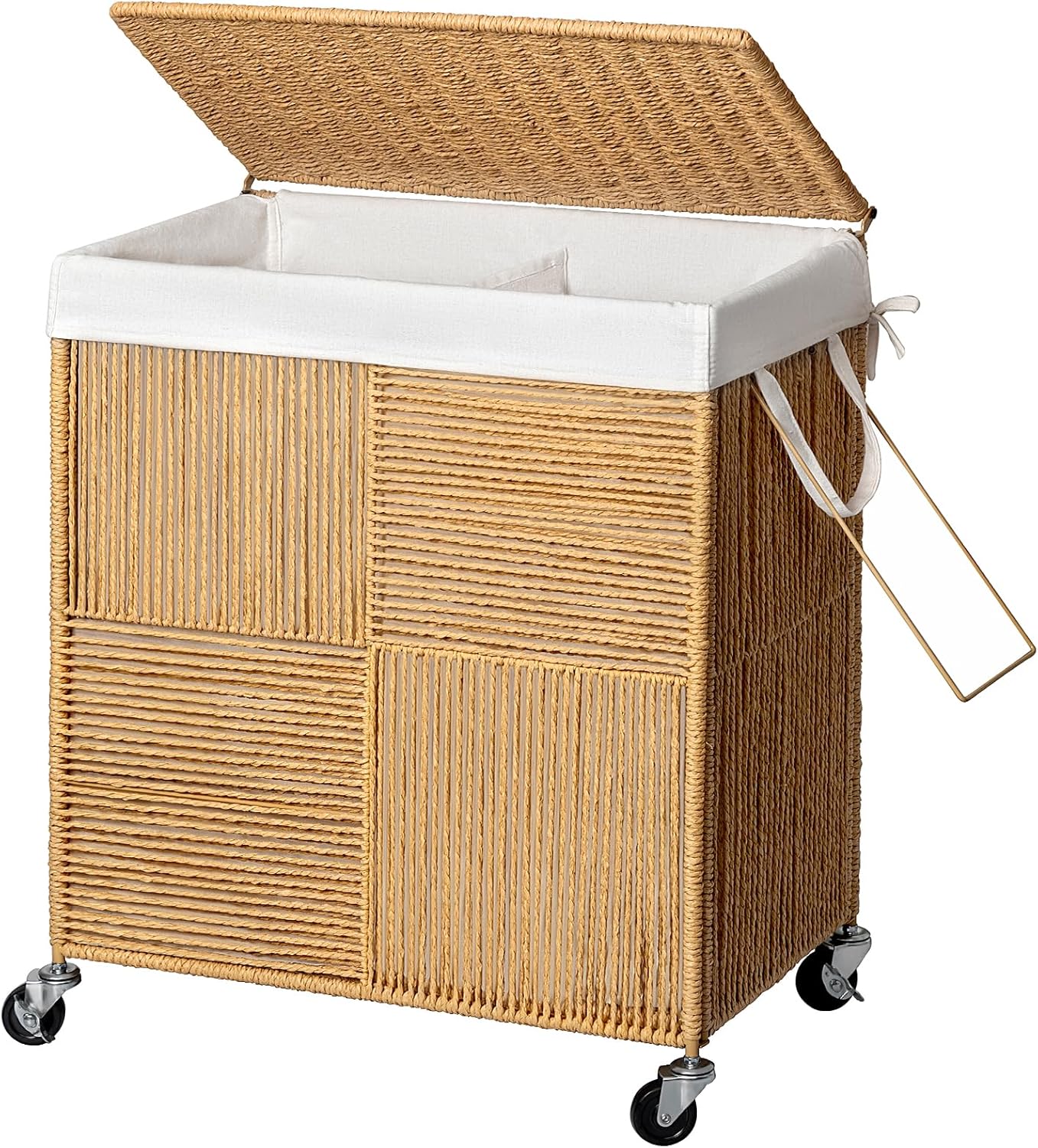 WOWLIVE Double Laundry Hamper with Wheels, Handwoven Rolling Laundry Basket | 115L Dirty Clothes Hamper with Lid, Removable Liner Bag, Large Capacity Laundry Sorter Laundry Room Organization, Green