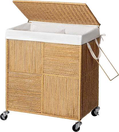 WOWLIVE Double Laundry Hamper with Wheels, Handwoven Rolling Laundry Basket | 115L Dirty Clothes Hamper with Lid, Removable Liner Bag, Large Capacity Laundry Sorter Laundry Room Organization, Green