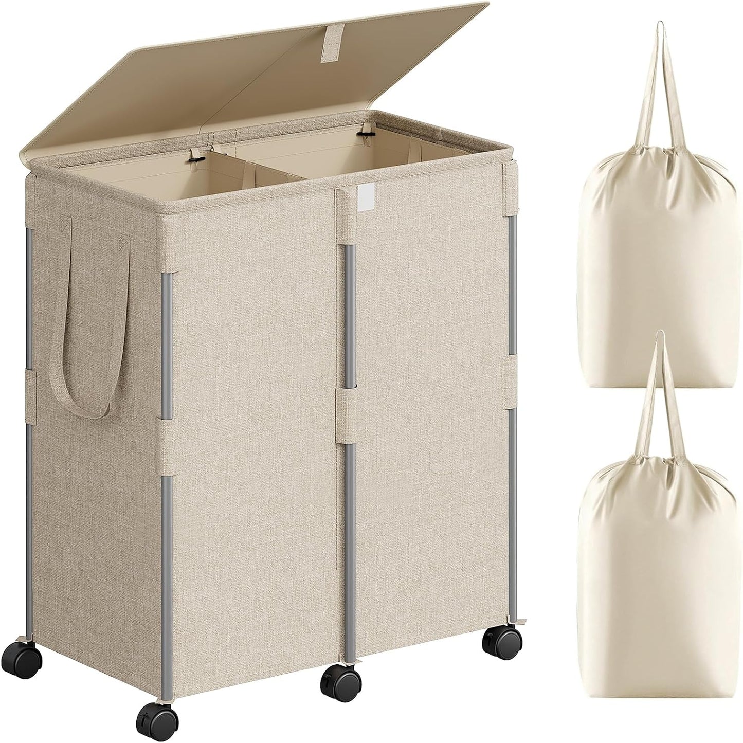 140L Double Laundry Hamper with Lid and 6 Wheels, Rolling Laundry Basket | Gasvadivum Metal Frame Laundry Sorter 2 Section with 2 Removable Bags, Large Clothes Cart for Bedroom, Bathroom, Black