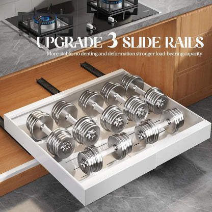 Seinloes 4 Pack Expandable Pull Out Cabinet Organizer 21"Deep With Raising Pad for Framed Cabinets,Upgrade 3 Slide Rails Slide Out Drawers,No Drill Roll Out Shelves,Adjustable Width 12.1"-20.4" White