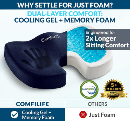 ComfiLife Doctor Recommended Seat Cushion - Premium Gel & Memory Foam Office Chair, Car Seat, Lifting Cushion - Chair Cushions for Back & Sciatica Relief - Seat Cushions for Office & Desk (Black)