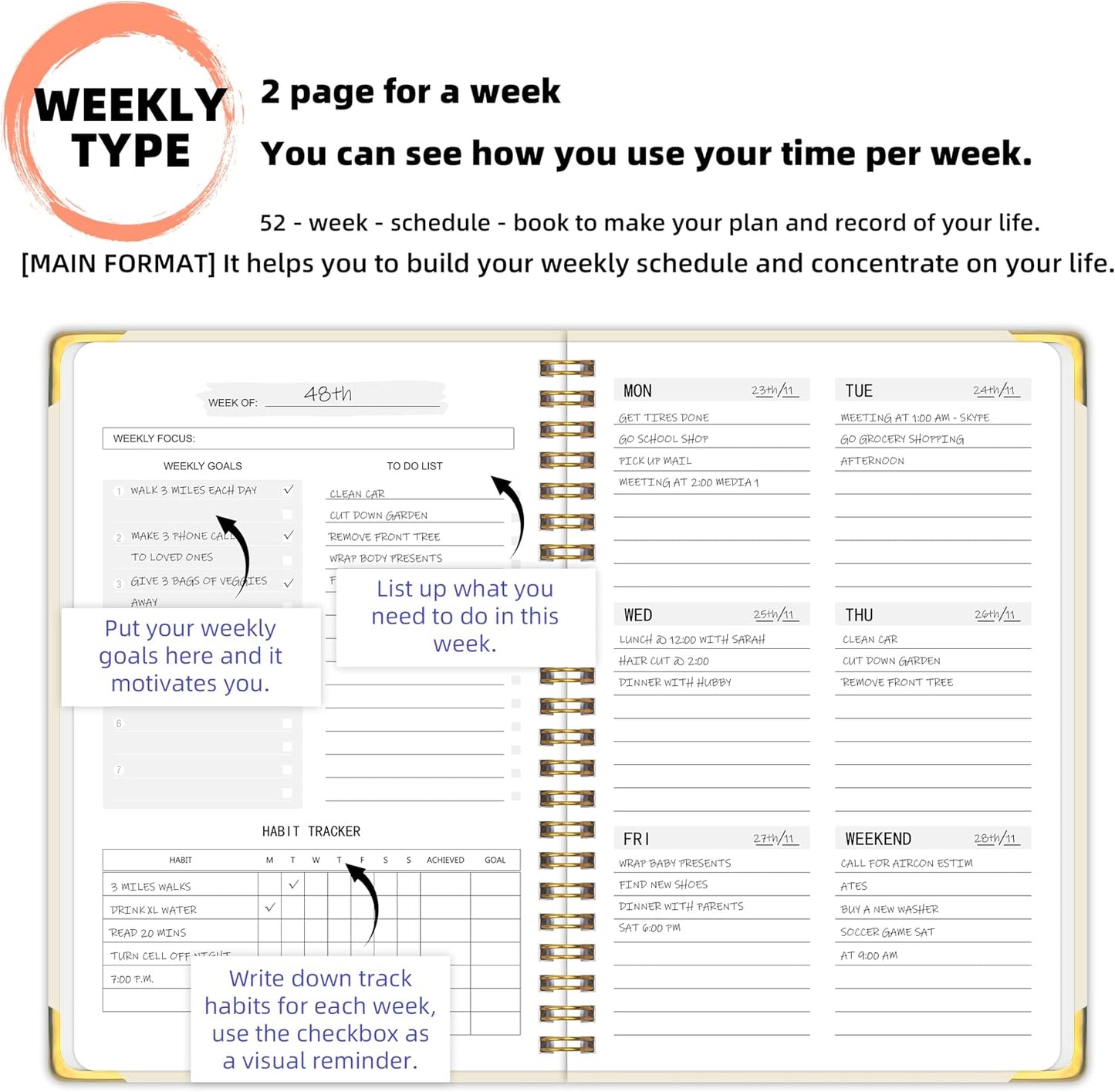 Undated Weekly Planner With Habit Tracker & To Do List 5.7 x 8.0 inch | Avoid Unfocused Busywork,Productivity Organizer,No-Bleed Thick Pages,Portable Size,Lay-Flat Spiral for Hands Free