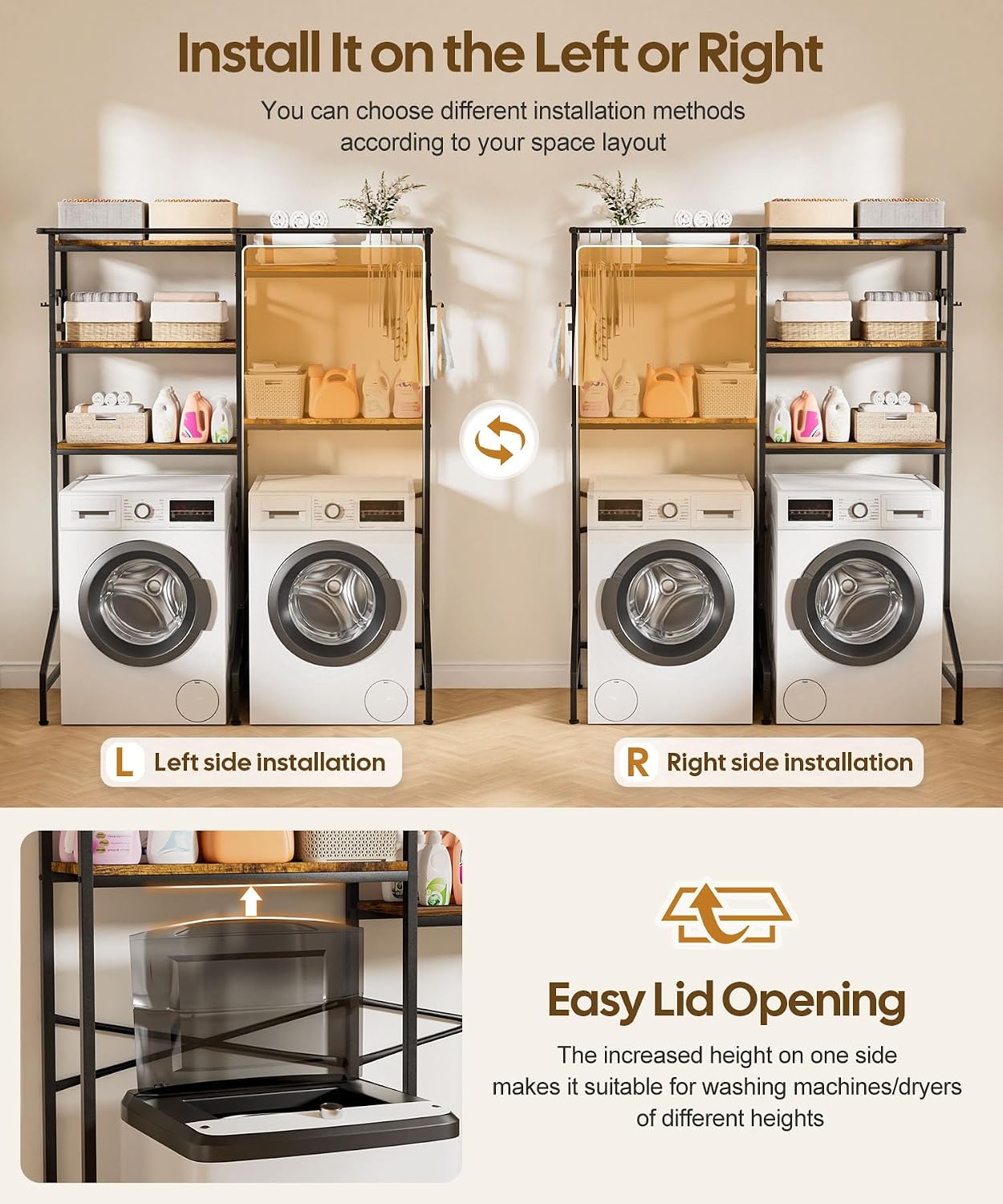 Homde Over The Washer and Dryer Storage Shelf: 5-Tier Heavy Duty | Laundry Room Organizer Standing Shelf with Hanger Rod & Anti-Tip - Space Saving Rust Proof Shelving for Bathroom Balcony