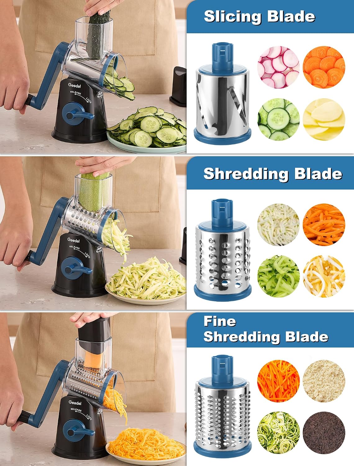 Geedel Rotary Cheese Grater, Kitchen Mandoline Vegetable Slicer with 3 Interchangeable Blades, Easy to Clean Rotary Grater Slicer for Fruit, Vegetables, Nuts | 3 Blades, 430 Stainless Steel, 12x Fast Cutting, Strong Suction Base, No BPA, Dishwasher Safe,