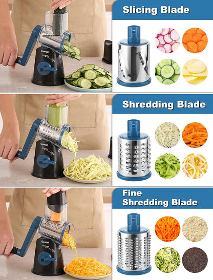 Geedel Rotary Cheese Grater, Kitchen Mandoline Vegetable Slicer with 3 Interchangeable Blades, Easy to Clean Rotary Grater Slicer for Fruit, Vegetables, Nuts | 3 Blades, 430 Stainless Steel, 12x Fast Cutting, Strong Suction Base, No BPA, Dishwasher Safe,