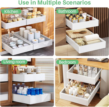 Pull out Cabinet Organizer, 21"Deep, Heavy Duty Full-Extension Slide out Drawers for Kitchen Cabinets with Nano Adhesive, Roll Out Shelf Sliding Cabinet for Pots, Bathroom, Pantry, Under Sink, White