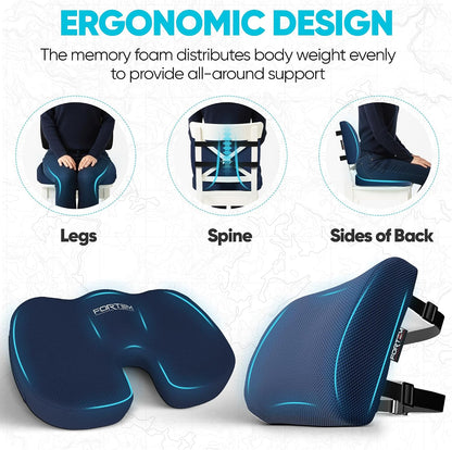 FORTEM Seat Cushion, Office Chair Cushion, Lumbar Support Pillow for Office Chair, Memory Foam Car Seat Cushions, Sciatica Coccyx Tailbone Pain Relief, Cushions for Back Support, Washable, Non Slip