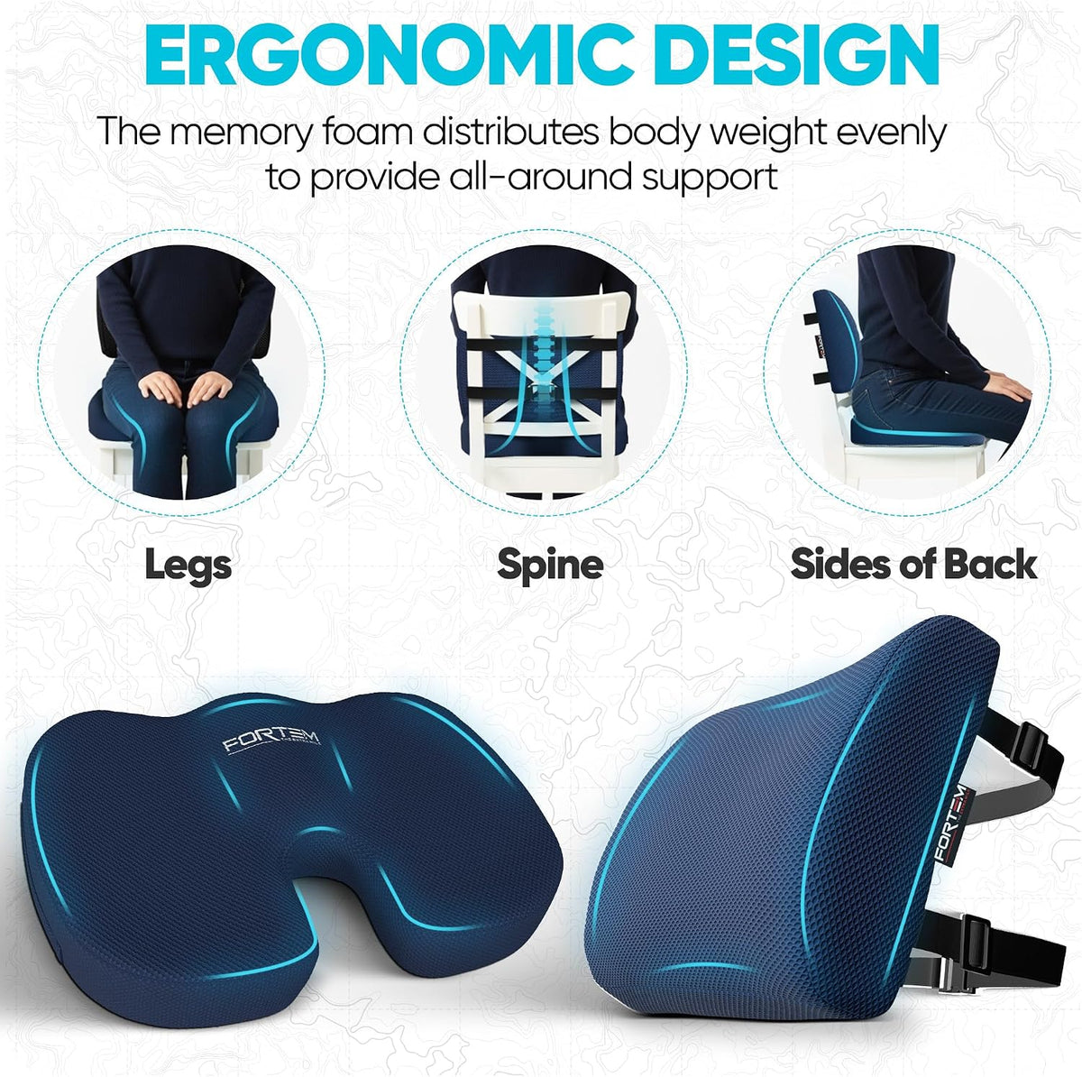 FORTEM Seat Cushion & Lumbar Support for Office Chair, Wheelchair, Car