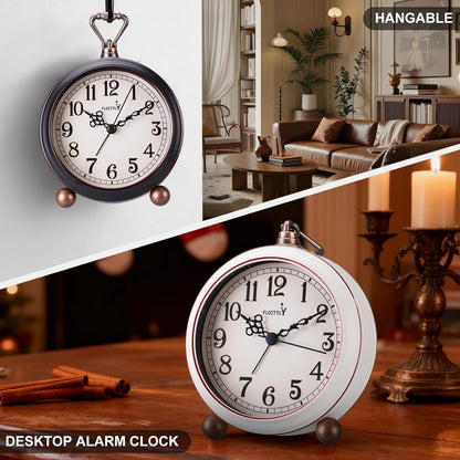 FLOITTUY 4.5" Battery Operated Antique Retro Analog Metal Alarm Clock, Silent Bedside Desk Clock, Wall-Hanging Vintage Clock(Exquisite Bronze)