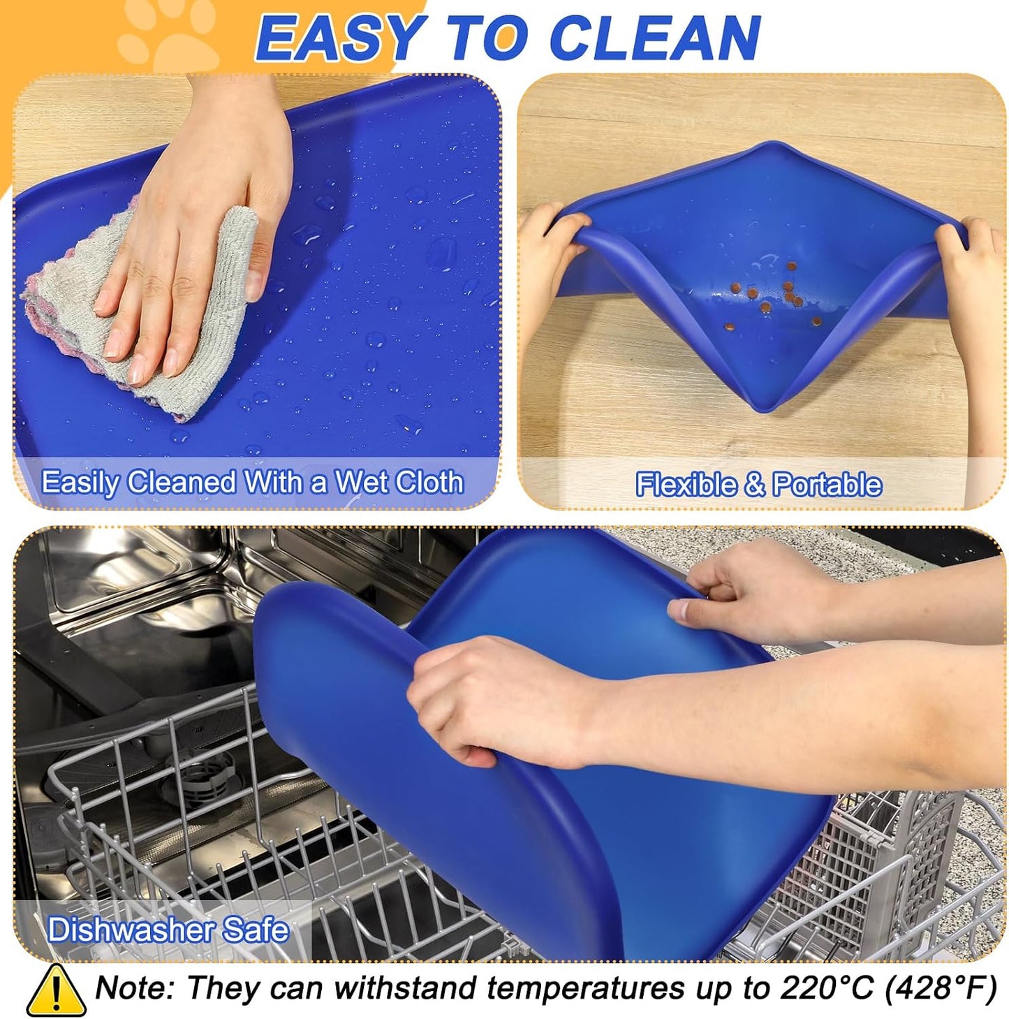 SMILOOL Waterproof Silicone Pet Food Mat with Raised Edge for Dog & Cat | 19" x 12" Non-Slip Pet Feeding Mats with Lip for Food & Water Bowl, Food Grade, Easy Cleaning, Black
