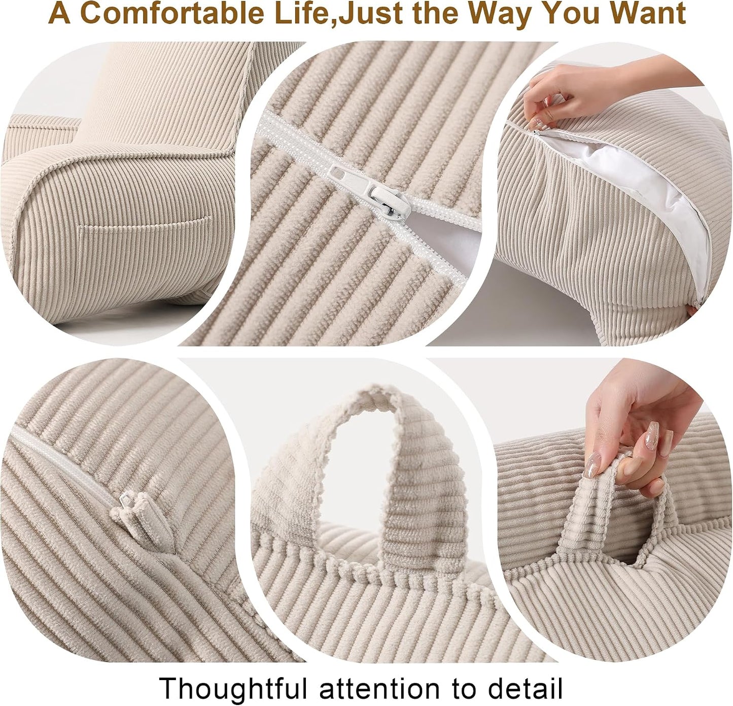 Reading Pillow for Sitting Up in Bed, Corduroy Backrest Pillow with Arms, Side Pocket & Washable Cover, Bed Rest Pillow Back Support for Adults, Beige Gray