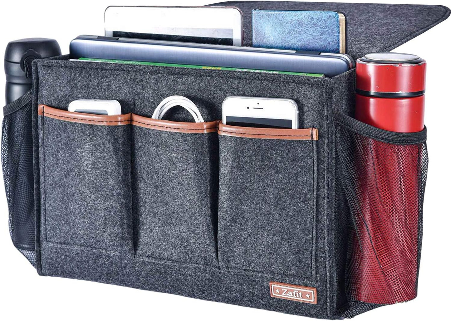 Zafit Bedside Caddy, Large Size Bedside Storage Organizer Bedside Organizer Caddy for Magazine Remotes Phone (13.4'' x 18.1'' Plus Size, Dark Grey)