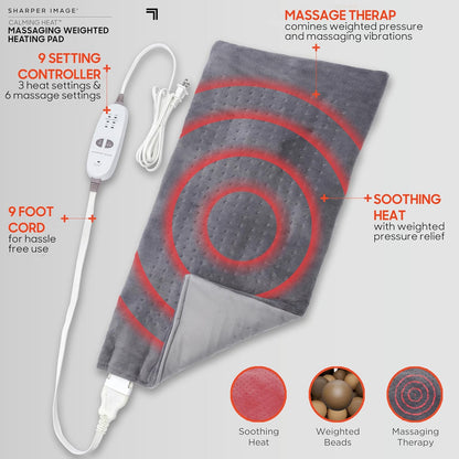 Calming Heat Massaging Vibrations Weighted Heating Pad by Sharper Image | Temperature Settings, Auto Shut-Off Feature, Gift for Holidays, Women & Men | 3 Heat, 6 Massage, 12” x 24”, 4 lbs