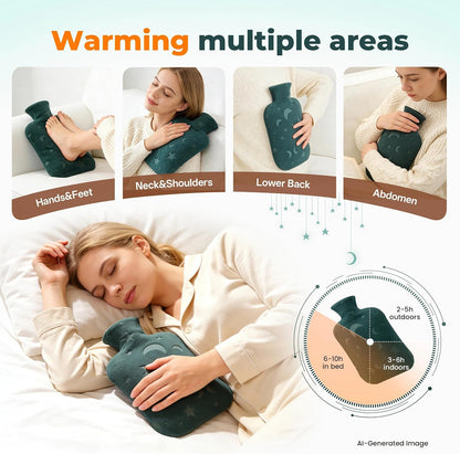 Hot Water Bottle with Soft Cover, 2L Hot Water Bag for Menstrual Cramps, Neck and Shoulder Pain Relief, Hot and Cold Therapies, Hand Feet Warmer, Blue