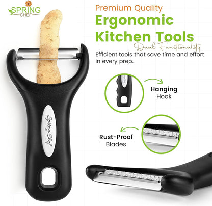 Spring Chef 3pcs Vegetable Peelers for Kitchen, Swivel, Y & Julienne Peeler | Premium Stainless Steel Potato Peelers with Soft Grip Handles, Ultra Sharp Blades for Fruits, Veggies, Apples, Carrots