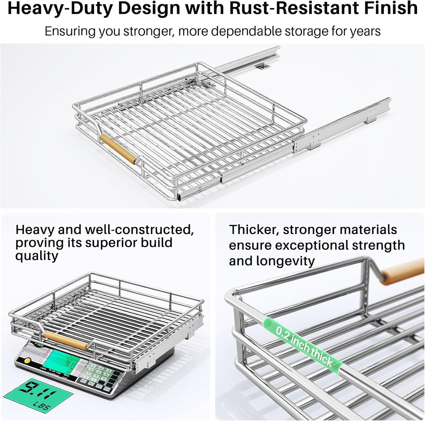 Pull out Cabinet Organizer, 15"W X 21"D, Heavy Duty Smooth Sliding Under Cabinet Shelves for Pots and Pans, Full-Extension Roll out Drawers, Slide out Organization for Home Kitchen Pantry