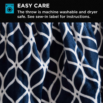 Brookstone Electric Heated Plush Throw - Heated Blankets - 4 Heat Settings, 4-Hour Auto Shut Off, 100% Polyester, 50"x60" - Blue Trellis